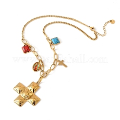 Religion 304 Stainless Steel Textured Cross and Resin Imitattion Turquoise Square Pendant Necklaces for Women&nbsp;NJEW-F380-01G