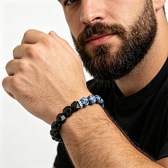 Natural Black Onyx(Dyed & Heated) & Sodalite Faceted Round Stretch Bracelets for Men&nbsp;WG80103-01