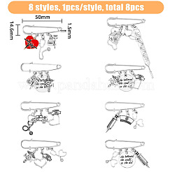 8Pcs 8 Style Nurse's Cap & Infusion Bottle & Caduceus Alloy Charms Safety Pin Brooch&nbsp;JEWB-FH0001-24