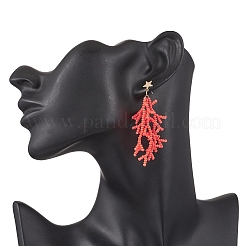 Star with Coral Handmade Glass Seed Beads Tassel Stud Earrings&nbsp;EJEW-MZ00472