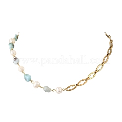 Natural Larimar Nuggets & Cultured Freshwater Pearl Beaded Chain Necklaces for Women&nbsp;NJEW-JN06667