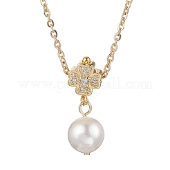 Brass Micro Pave Clear Cubic Zirconia & Shell Pearl Round Clover Pendant Necklaces&nbsp;NJEW-JN05261-01