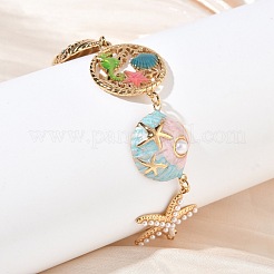 Summer Beach 304 Stainless Steel Rhinestone Enamel Starfish Shell Shape Link Chain Bracelets for Women&nbsp;SA-CBA7107-04G