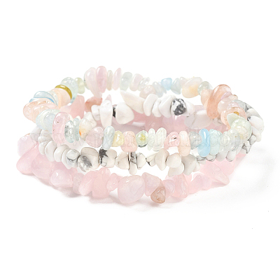 Chips Natural Rose Quartz & Morganite & Howlite Beaded Stretch Bracelets Sets&nbsp;BJEW-JB05332-04-1
