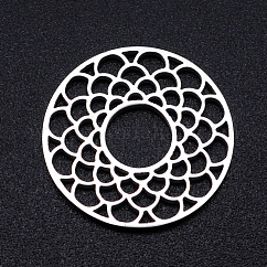 Tarnish Resistant 201 Stainless Steel Filigree Joiners Links, Laser Cut, Flat Round with Flower, Stainless Steel Color, 17.5x1mm