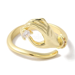 Brass Micro Pave Clear Cubic Zirconia Hand Open Cuff Rings for Women&nbsp;RJEW-C098-14G
