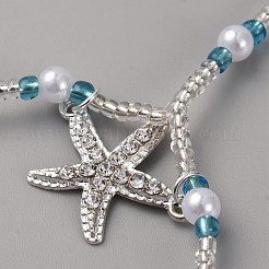 Bohemian Alloy Starfish Charm Glass Seed Beads and Plastic Imitation Pearl Beaded Toe Ring Stretch Anklets for Women&nbsp;AJEW-WH0270-834A