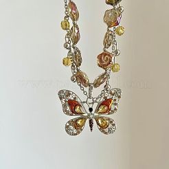 Brass Rhinestone Butterfly Pendant Rose Flower Glass Beaded Double Layer Necklaces for Women&nbsp;WG13E12-01