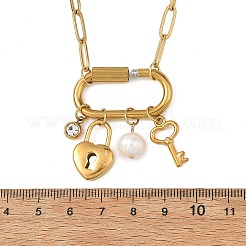 304 Stainless Steel Key & Lock Pendant Paperclip Chain Necklaces with Natural Freshwater Pearl and Screw Clasps&nbsp;NJEW-JN06493