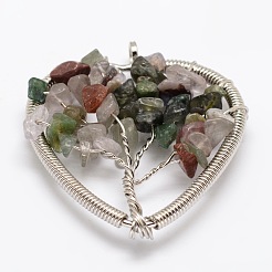 Tree of Life Natural & Synthetic Mixed Stone Bead Brass Wire Wrapped Heart Big Pendants&nbsp;KK-L136-04-NR