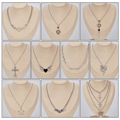 12Pcs 12 Style Heart & Cross & Butterfly & Bat Alloy Enamel Pendant Necklaces Set with Rhinestone&nbsp;NJEW-FI0001-03