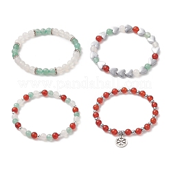 Natural Carnelian(Dyed & Heated) & Green Aventurine & White Agate Beaded Stretch Bracelet Set&nbsp;BJEW-JB09182