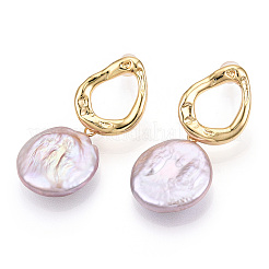 Natural Flat Round Baroque Keshi Pearl Dangle Stud Earrings&nbsp;PEAR-N020-L37