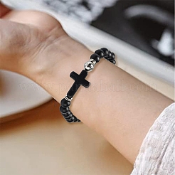 2Pcs 2 Color Dyed Synthetic Turquoise Cross & Alloy Beaded Stretch Bracelets Set&nbsp;BJEW-YW00002-02