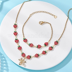 304 Stainless Steel & Brass Enamel Strawberry Link Bracelets & Necklaces Sets&nbsp;SJEW-JS01374