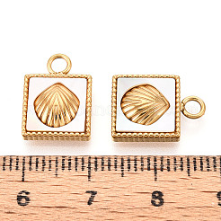 304 Stainless Steel Pave Natural White Shell Square with Shell Shape Charms&nbsp;STAS-N112-23A-G