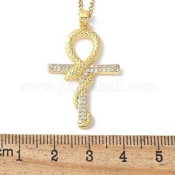 Brass Micro Pave Clear Cubic Zirconia Snake Wrapped Ankh Cross Pendant Necklaces&nbsp;NJEW-S446-01G