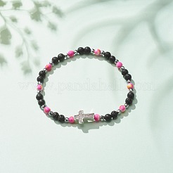 Natural & Synthetic Mixed Gemstone Beaded Stretch Bracelet with Clear Cubic Zirconia Cross for Women&nbsp;BJEW-JB08247-04