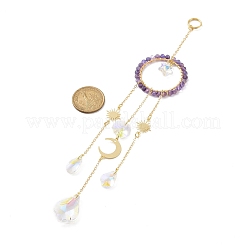 Natural Amethyst Woven Net/Web with Feather Window Hanging Suncatchers&nbsp;HJEW-JM00852-03