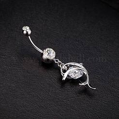 Piercing Jewelry Real Platinum Plated Brass Rhinestone Dolphin Navel Ring Belly Rings&nbsp;AJEW-EE0001-63