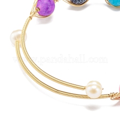 Natural Weathered Agate(Dyed) Round Beaded Cuff Bangle&nbsp;BJEW-JB08397