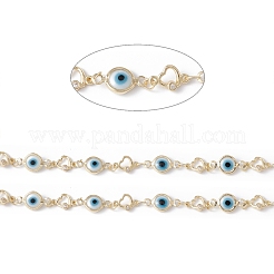 Handmade Eco-friendly Brass Enamel Flat Round with Evil Eye & Heart Link Chain&nbsp;CHC-E025-28G