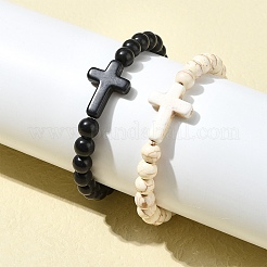 2Pcs 2 Color Dyed Synthetic Turquoise Cross Beaded Stretch Bracelets Set&nbsp;BJEW-YW00002-01
