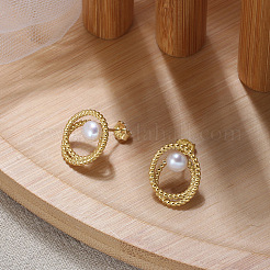 925 Sterling Silver Ring Stud Earrings with Pearl Beaded&nbsp;EJEW-P231-27G