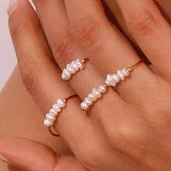 Nuggets Stainless Steel & Natural Freshwater Pearl Beads Finger Rings&nbsp;WG1BE4A-06