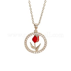 Brass Micro Pave Clear Cubic Zirconia and Enamel Ring with Red Rose Flower Pendant Necklaces for Women&nbsp;WG8D721-02