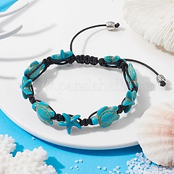 Synthetic Turquoise Starfish & Turtle Braided Bead Bracelet&nbsp;BJEW-TA00388-01