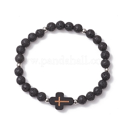 2Pcs Cross Natural Lava Rock & Synthetic Turquoise & Wood Round Beads Stretch Bracelets for Men Women&nbsp;BJEW-JB11832