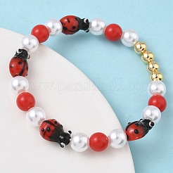 Brass & Lampwork & ABS Imitation Pearl Beaded Stretch Bracelets for Women&nbsp;BJEW-F515-08G