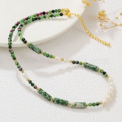 Faceted Round Natural Ruby in Zoisite & Column Green Spot Jasper & Freshwater Pearl Beaded Necklaces & Bracelets Sets for Women&nbsp;ZI1839-3