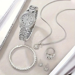 Rhombus Alloy Crystal Rhinestone Pendant Necklace & Stud Earring & Chain Bracelet & Ring & Watch Sets&nbsp;FS-WGDE407-02