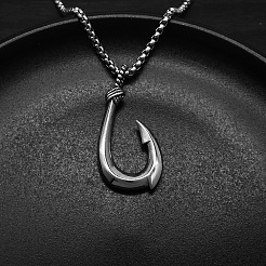 304 Stainless Steel Fish Hook Pendant Necklaces for Men&nbsp;WG49AC2-01
