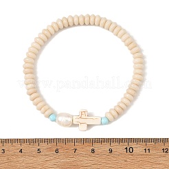Religion Synthetic Turquoise Cross & Rondelle Natural Petrified Wood & Round Dyed Howlite Beaded Stretch Bracelets&nbsp;BJEW-JB14421