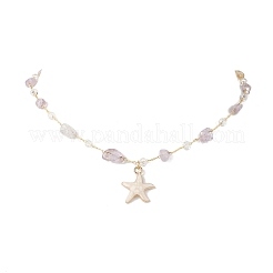 Brass Handmade Natural Amethyst Nuggets Link Chain Alloy Linen Enamel Starfish Pendant Necklaces for Women&nbsp;NJEW-JN05366-03