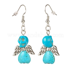 Synthetic Turquoise Skull with Wings Dangle Earrings&nbsp;EJEW-JE04944-04