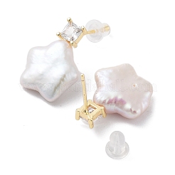 Star Natural Pearl Stud Earrings with Brass Glass and 925 Sterling Silver Pins&nbsp;EJEW-P256-89G