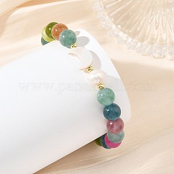 Round Natural Mixed Gemstone & Natural Shell & Pearl Beaded Stretch Bracelets&nbsp;BJEW-JB14377