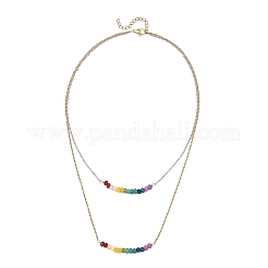 Dyed Natural Malaysia Jade Rondelle Chakra Pendant Duo Tone 304 Stainless Steel Cable Chain Double Layer Necklaces for Women&nbsp;NJEW-JN06649