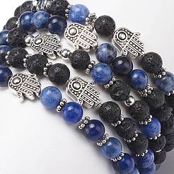 5Pcs 5 Style Natural Lava Rock & Sodalite Stretch Bracelets Set with Alloy Hamsa Hand Beaded&nbsp;BJEW-JB08737
