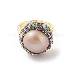 Round Natural Abalone Shell & Freshwater Pearls Finger Ring&nbsp;RJEW-C090-03G