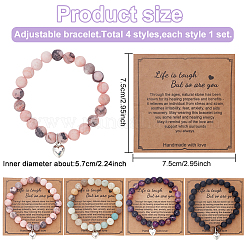 4Pcs 4 Styles Natural Mixed Gemstone Round Beaded Stretch Bracelets Set with Alloy Heart Charms&nbsp;BJEW-AN0001-72