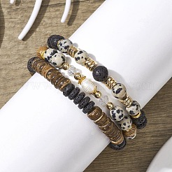 3Pcs 3 Style Natural Lava Rock & Dalmation Jasper & Coconut Beaded Stretch Bracelets Set&nbsp;BJEW-JB09810