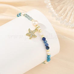 Gradient Natural Apatite & Kyanite Faceted Round Beaded Bracelets with Natural Pearl&nbsp;BJEW-JB14399-02