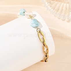 Natural Mixed Gemstone Nuggets and Pearl Beaded Chain Bracelets with 304 Stainless Steel Cross Link Chains and OT Clasps&nbsp;BJEW-JB14436