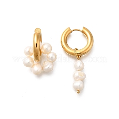 304 Stainless Steel & Freshwater Pearl Asymmetric Hoop Earrings&nbsp;EJEW-S254-01G