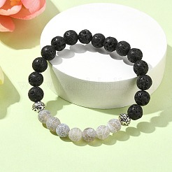 Natural Dyed Crackle Agate & Lava Rock Round Beaded Stretch Bracelet&nbsp;BJEW-TA00444-02